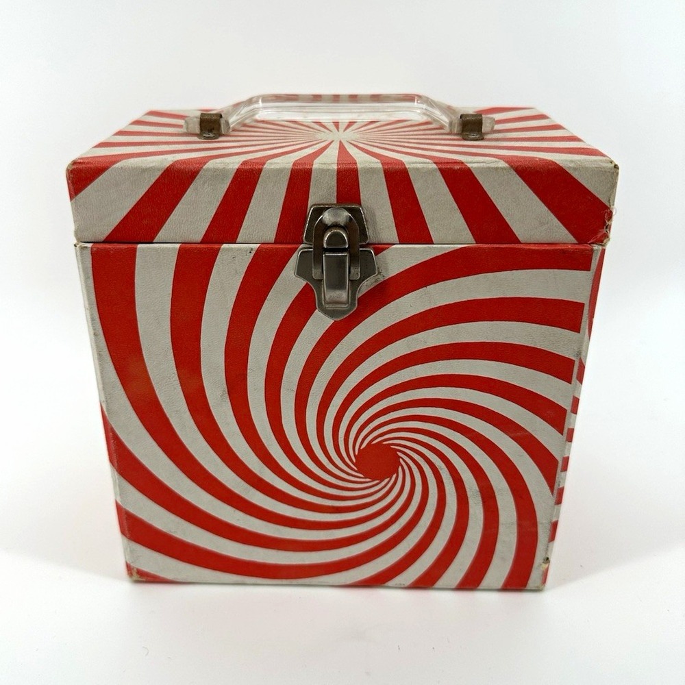 Red & White Swirl Vinyl Record Storage Box With Record Lot of 36 7inch Vinyl